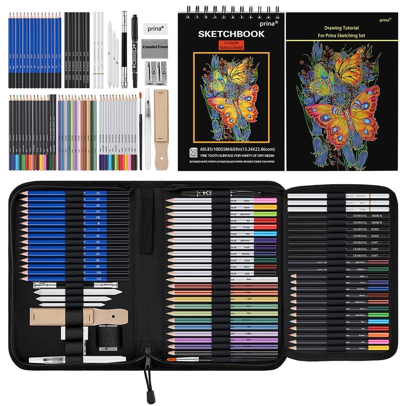 Prina 76 Pack Drawing Set Sketching Kit  Pro Art Supplies with 3-Color Sketchbook  Include Tutorial  Colored  Graphite  Charcoal  Watercolor & Metallic Pencil  for Artists Adults Teens Beginner - Image 1
